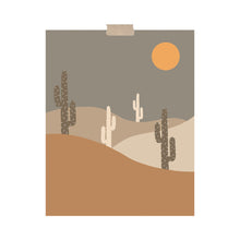 Load image into Gallery viewer, An art print featuring a minimalist warm-toned desert with various cacti and a sun hung with a piece of kraft tape on the top.