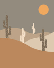 Load image into Gallery viewer, An art print featuring a minimalist warm-toned desert with various cacti and a sun.