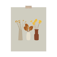 Load image into Gallery viewer, An art print featuring three vases with different warm-toned dried flowers in them hung with a piece of kraft tape on the top.