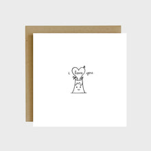 Load image into Gallery viewer, A funny greeting card featuring a volcano exploding lava in the shape of a heart and text that reads, I lava you.