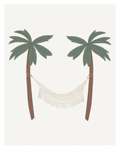 Load image into Gallery viewer, An art print featuring a cream boho hammock hung between two palm trees.