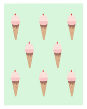 Load image into Gallery viewer, An art print featuring a bunch of strawberry ice cream with a cherry on top in a chocolate dipped waffle cone in front of a mint background.