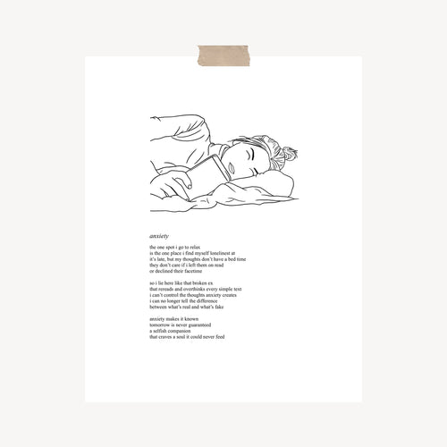 An art print featuring a poem called, “Anxiety” with original artwork of a woman lying in bed holding her phone and unable to fall asleep hung with a piece of kraft tape on the top.