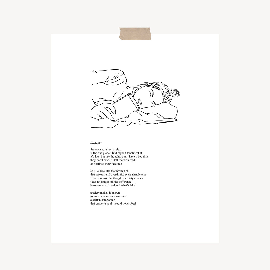 An art print featuring a poem called, “Anxiety” with original artwork of a woman lying in bed holding her phone and unable to fall asleep hung with a piece of kraft tape on the top.