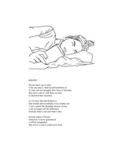 Load image into Gallery viewer, An art print featuring a poem called, “Anxiety” with original artwork of a woman lying in bed holding her phone and unable to fall asleep.
