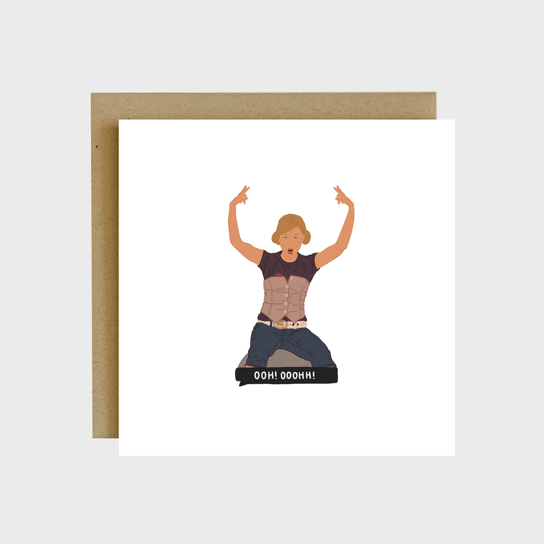 A funny greeting card featuring Amy Poehler sitting on a fitness ball in a birthing class scene from the movie Baby Mama and text that reads, Ooh ooohh.