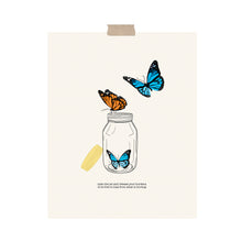 Load image into Gallery viewer, An art print featuring three orange and blue butterflies flying out of a mason jar hung with a piece of kraft tape on the top.
