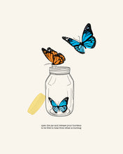 Load image into Gallery viewer, An art print featuring three orange and blue butterflies flying out of a mason jar.
