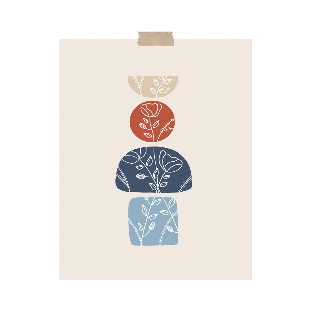 An art print featuring a modern boho design with unique shapes and a continuous flower design inside the shapes hung with a piece of kraft tape on the top.