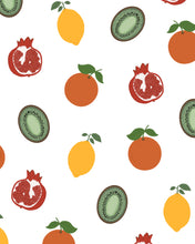 Load image into Gallery viewer, An art print featuring scattered fruits, including an orange, pomegranate, kiwi, and lemon.
