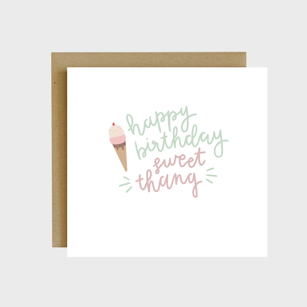 A funny greeting card featuring two scoops of ice cream in a waffle cone and text that reads, Happy Birthday sweet thang.