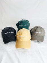 Load image into Gallery viewer, Four vintage washed baseball caps in black, green, yellow, and khaki with text on them that reads, Dirty hair, I care.
