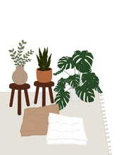 Load image into Gallery viewer, An art print featuring a monstera, snake plant, and eucalyptus plant on wooden stools and a rug next to two floor pillows.
