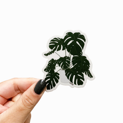 A sticker featuring a large monstera plant in a gray plant holder.