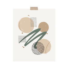 Load image into Gallery viewer, An art print featuring neutral colored patterns, including green, tan, and black circles, lines, dots, and strokes hung with a piece of kraft tape on the top.
