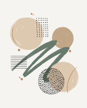 Load image into Gallery viewer, An art print featuring neutral colored patterns, including green, tan, and black circles, lines, dots, and strokes.
