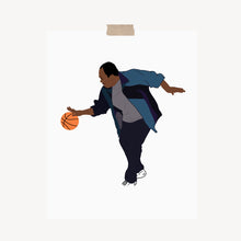 Load image into Gallery viewer, An art print featuring Stanley from the television show, The Office, playing basketball hung with a piece of kraft top on the top.
