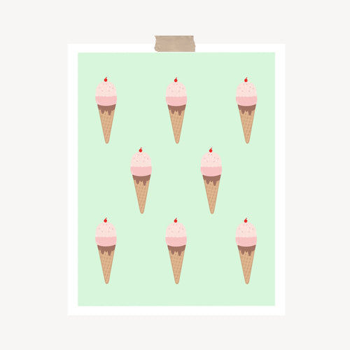 An art print featuring a bunch of strawberry ice cream with a cherry on top in a chocolate dipped waffle cone in front of a mint background hung with a piece of kraft tape on the top.